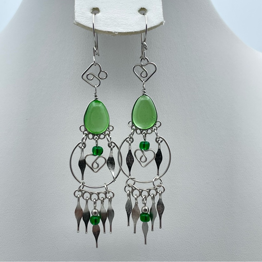 Handcrafted Green Glass Bead Chandelier Earrings Wire Wrapped Boho Dangle 3”